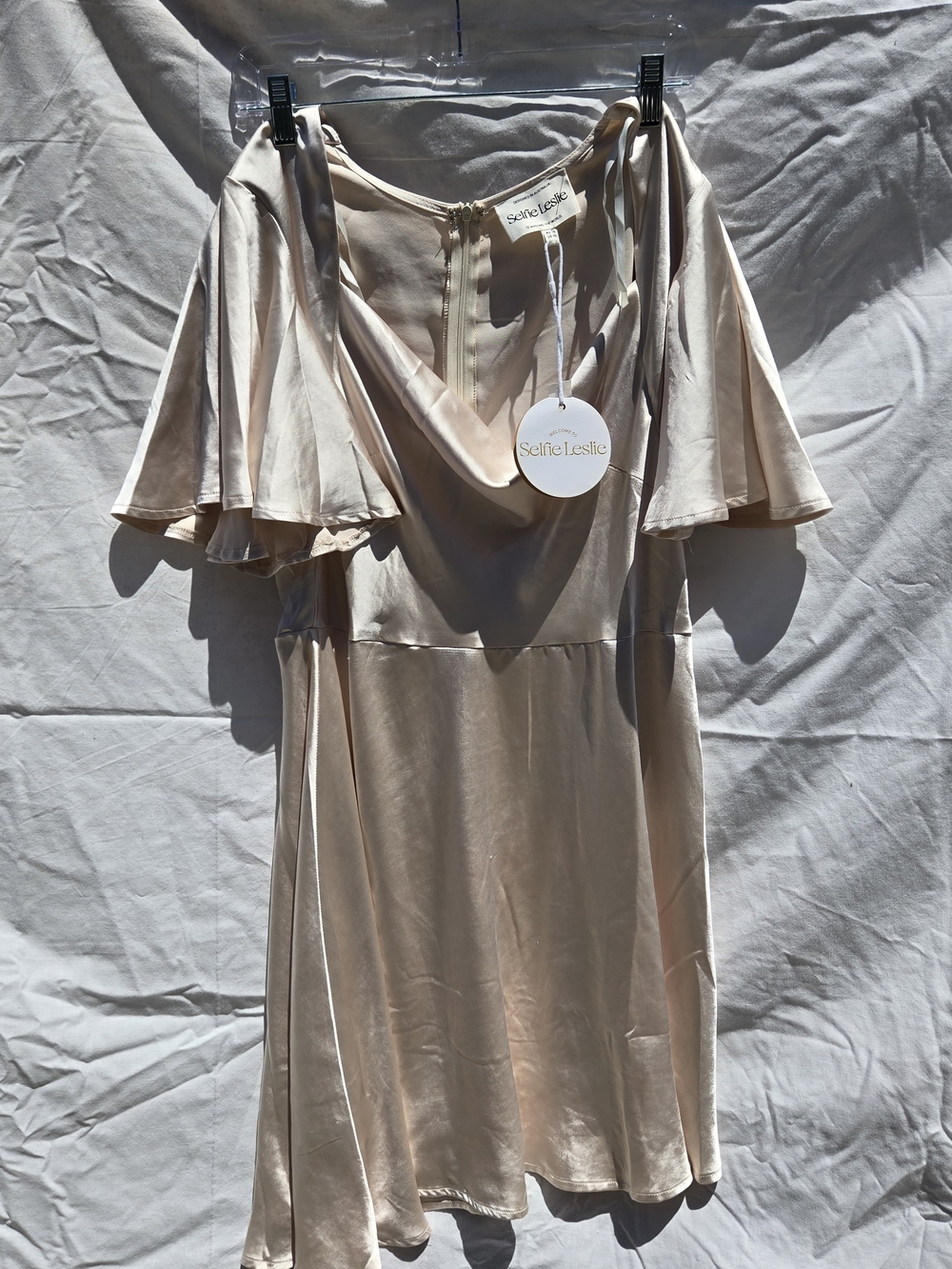 Selfie Leslie Pale Cream Satin Cowl Neck Mini Dress